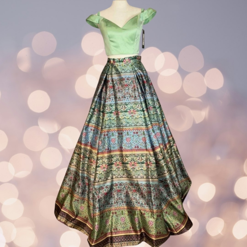 NWT Size 4 Sherri Hill 2-Piece Blue & Green Print Taffeta Ballgown - Picture 5 of 9